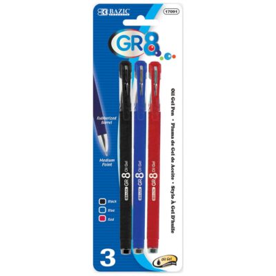 17091 GR8 Asst. Color Oil Gel Ink Pen W Rubberized Barrel 3Pack