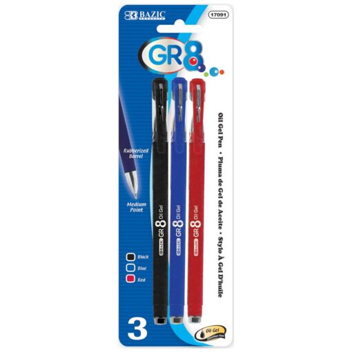 17091 GR8 Asst. Color Oil Gel Ink Pen W Rubberized Barrel 3Pack