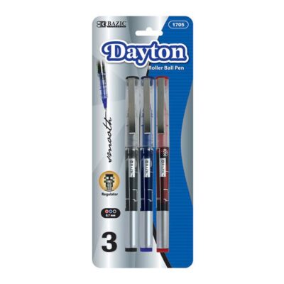 BAZIC Dayton Asst. Color Rollerball Pen W Metal Clip 3Pack