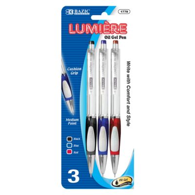BAZIC Lumiere Assorted Color Oil Gel Ink Retractable Pen W Grip 3Pack