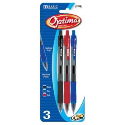 BAZIC Optima Assorted Color Oil Gel Ink Retractable Pen W Grip 3Pack