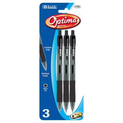 BAZIC Optima Black Oil Gel Ink Retractable Pen W Grip 3Pack