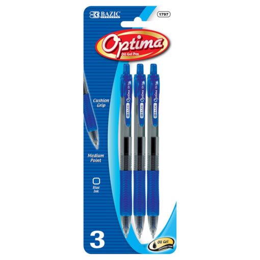 BAZIC Optima Blue Oil Gel Ink Retractable Pen W Grip 3Pack