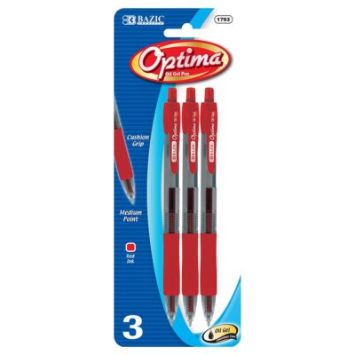 BAZIC Optima Red Oil Gel Ink Retractable Pen W Grip 3Pack