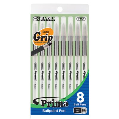 BAZIC Prima Black Stick Pen W Cushion Grip 8Pack