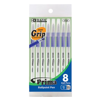 BAZIC Prima Blue Stick Pen W Cushion Grip 8Pack