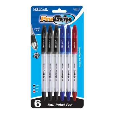 BAZIC Progrip Assorted Color Stick Pen W Grip 6Pack