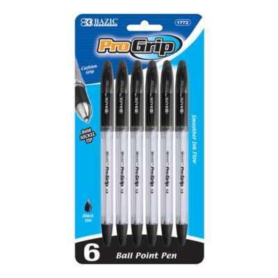 BAZIC Progrip Black Color Stick Pen W Grip 6Pack