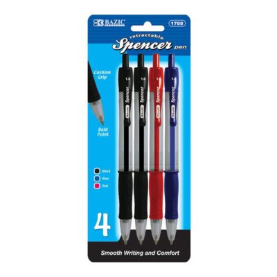 BAZIC Spencer Asst. Color Retractable Pen W Cushion Grip 4Pack 1 1