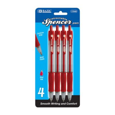 BAZIC Spencer Red Retractable Pen W Cushion Grip 4Pack