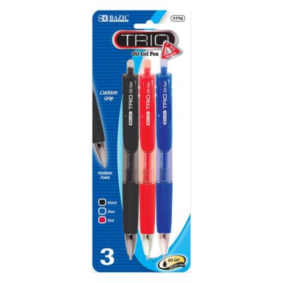 BAZIC Trio Triangle Assorted Color Oil Gel Ink Retractable Pen 3Pack
