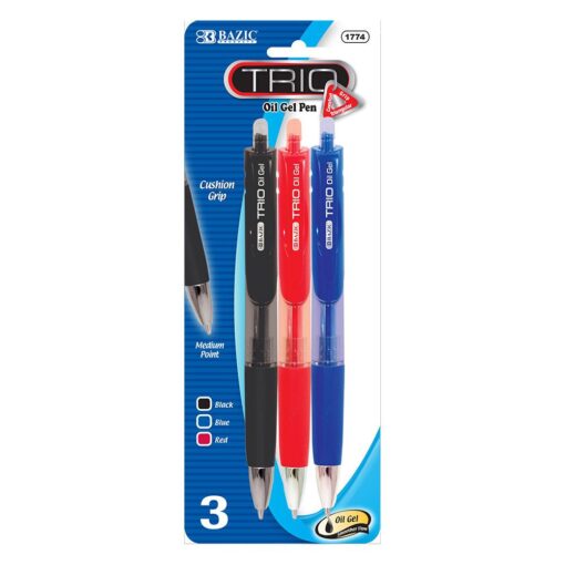 BAZIC Trio Triangle Assorted Color Oil Gel Ink Retractable Pen 3Pack