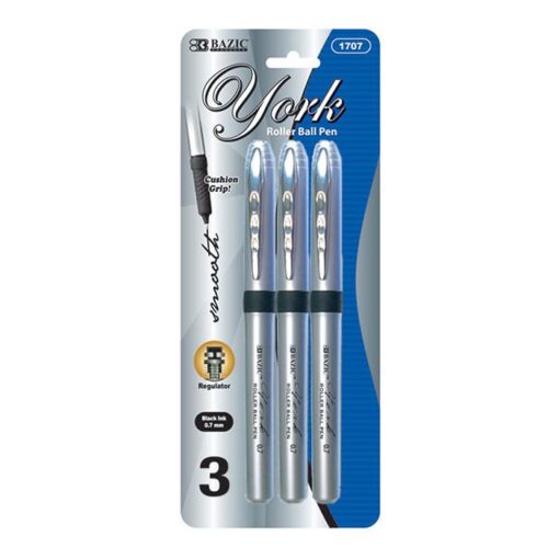 BAZIC York Black Rollerball Pen W Grip 3Pack