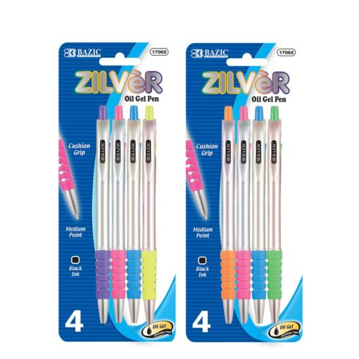 BAZIC Zilver Side Click Oil Gel Ink Retractable Pen 4Pack