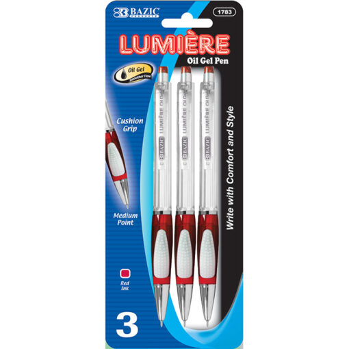 BAZIC 1783 Lumiere Red Retractable Oil Gel Ink Pen wGrip 3Pack