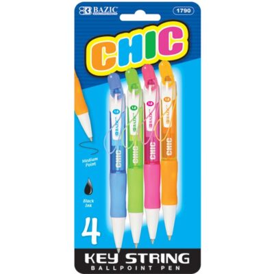 Chic Mini Retractable Pen w Detachable Key String 4Pk