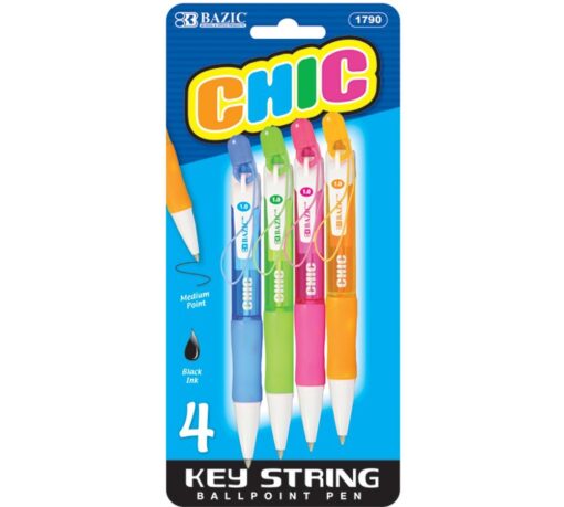 Chic Mini Retractable Pen w Detachable Key String 4Pk
