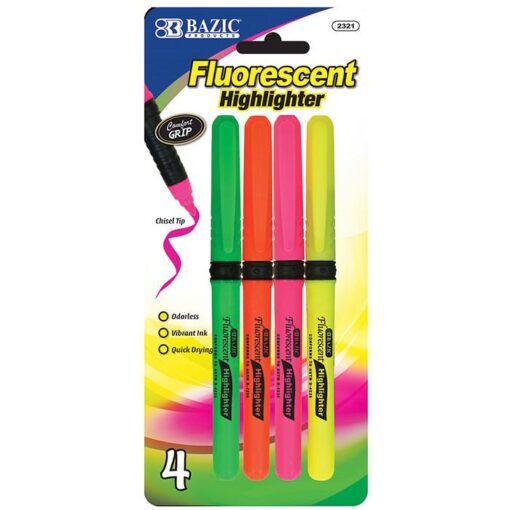 Pen Style Fluorescent Highlighters w Cushion Grip 4Pack.