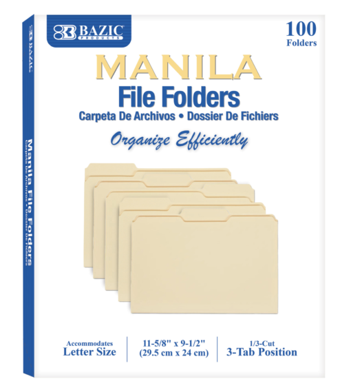 Manila File Folder 1/3 Cut Letter Size (100/Pack)